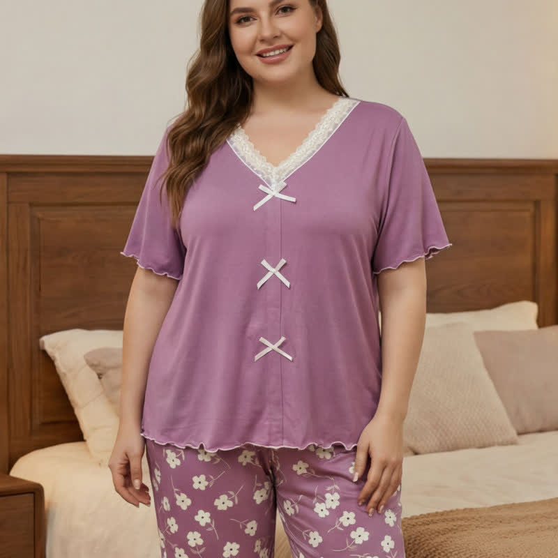 Pyjama-Set mit Blumen-Spitzenschleife - Hellviolett - 4XL - image 2