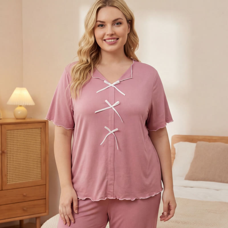 Klassisches Pyjama-Set mit Schleifenbesatz - Rosa - 5XL - image 7