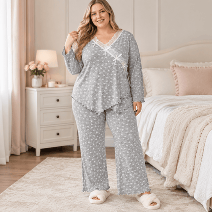 Pyjama-Set mit Schleifen-Spitze - Grau - 4XL - image 0