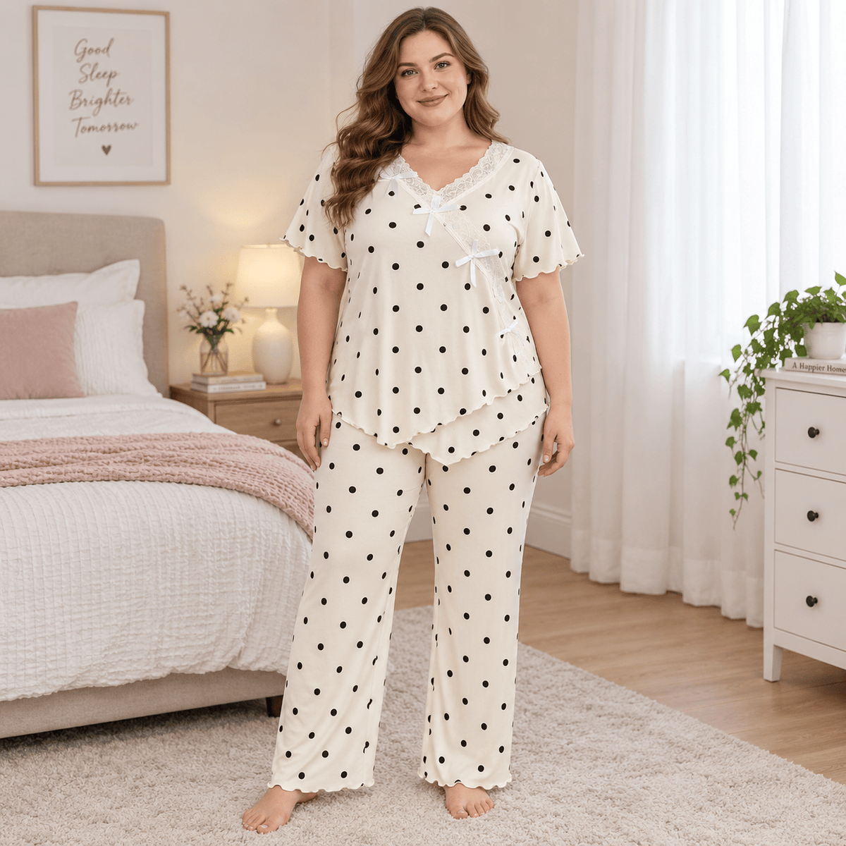 Pyjama-Set mit Spitze und Polka-Dots - Beige - 4XL - image 0