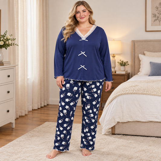 Blaues Pyjama-Set mit Spitze, Schleife und Blumenmuster - Blau - 4XL - image 0