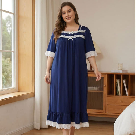 Nachthemd mit Spitzenbesatz und Schleife - Marineblau - 4XL - image 0