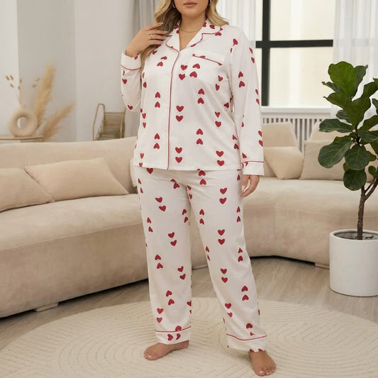 Satin-Pyjama-Set mit Herzmuster - Weiß - 4XL - image 0