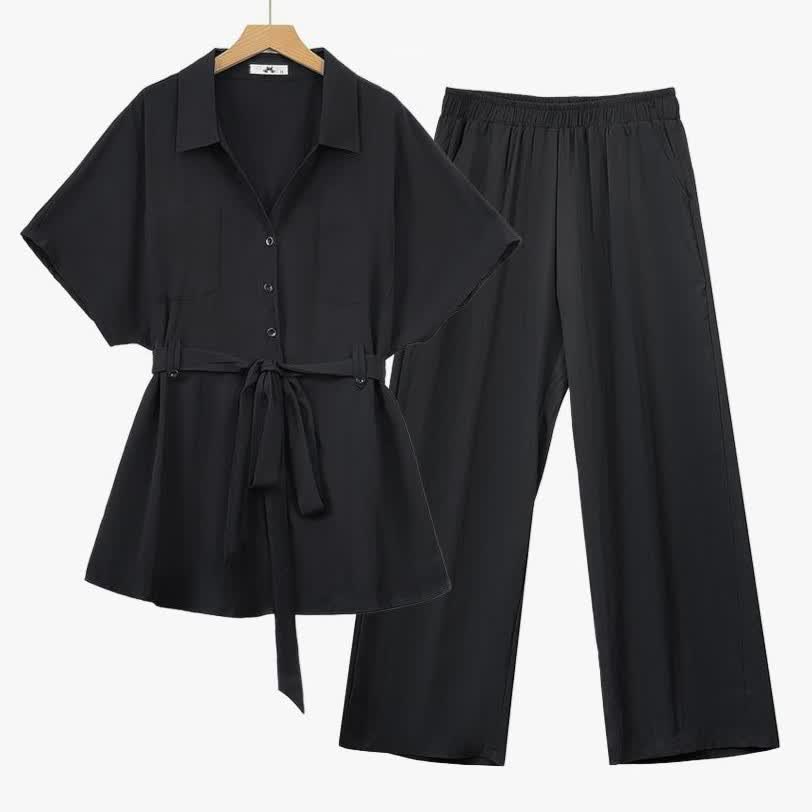 Schwarzes Hemd mit Bindegürtel und weite Hose in Übergröße (Set) - Schwarz - 6XL - image 0