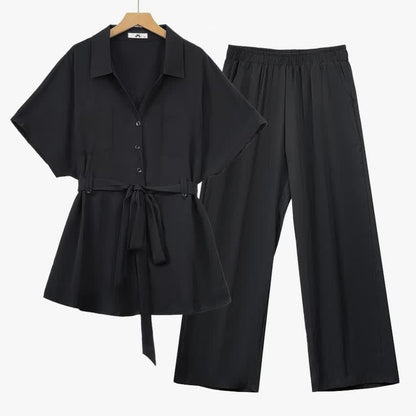 Schwarzes Hemd mit Bindegürtel und weite Hose in Übergröße (Set) - Schwarz - 6XL - image 0