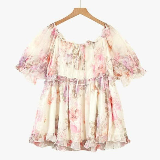 Plus Size Bluse mit Blumenmuster, Smokdetails und Carmen-Ausschnitt - Rosa - 6XL - image 0
