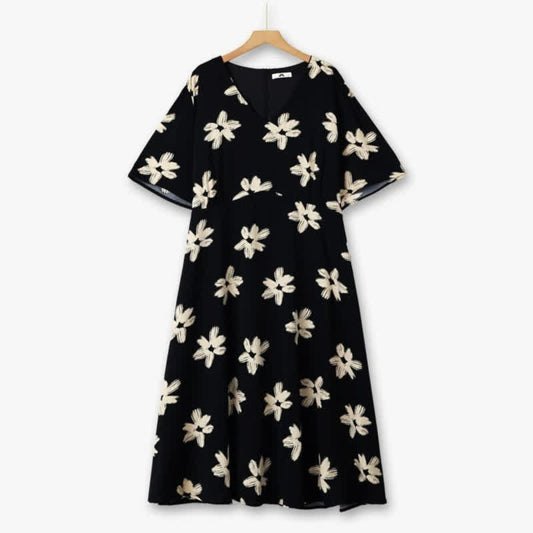 Midikleid mit geschwungenem Schnitt, floralem V-Ausschnitt - Schwarz - 6XL - image 0