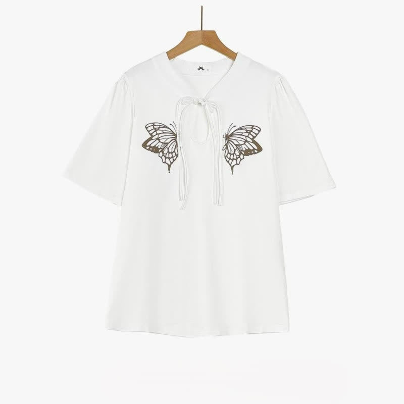 Sommerbluse in Übergröße mit Schmetterlingsmuster und Bindekragen - Weiß - 6XL - image 1
