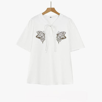 Sommerbluse in Übergröße mit Schmetterlingsmuster und Bindekragen - Weiß - 6XL - image 1