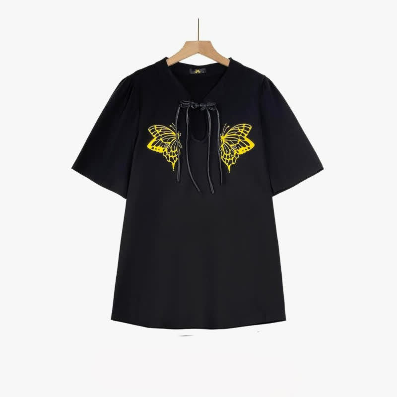 Sommerbluse in Übergröße mit Schmetterlingsmuster und Bindekragen - Schwarz - 6XL - image 2