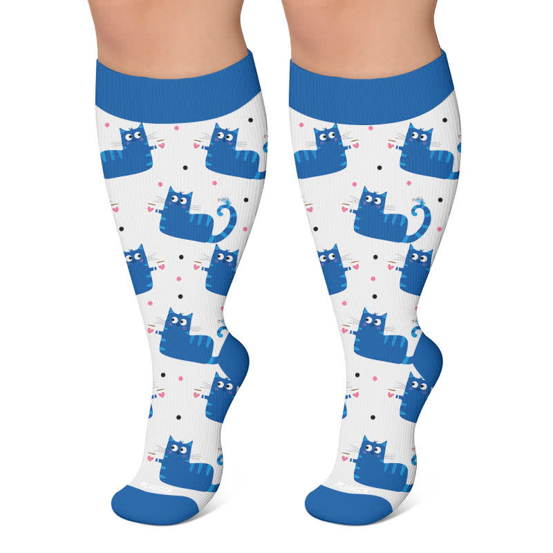 Kompressionsstrümpfe mit verspieltem Katzenmotiv in Übergröße - Blau - 4XL - image 5