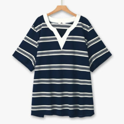 Lässige und bequeme Bluse mit Kontraststreifen und V-Ausschnitt - Blau - 6XL - image 0