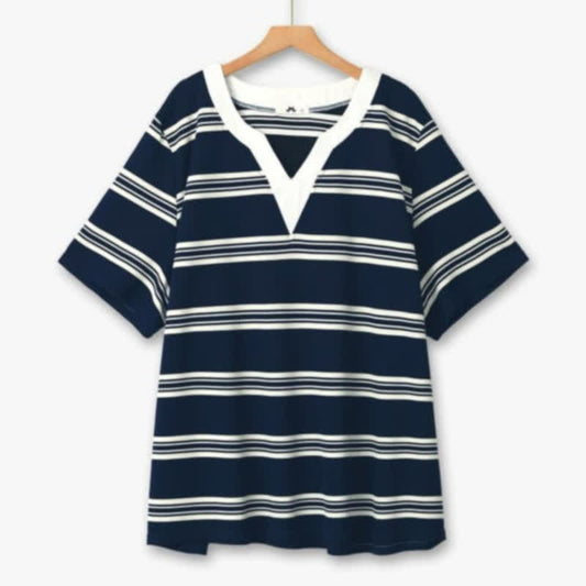 Lässige und bequeme Bluse mit Kontraststreifen und V-Ausschnitt - Blau - 6XL - image 0
