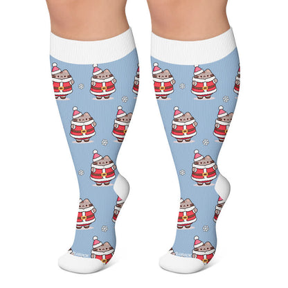 Plus Size Weihnachts-Kompressionsstrümpfe mit niedlicher Katze - Blau - 4XL - image 5