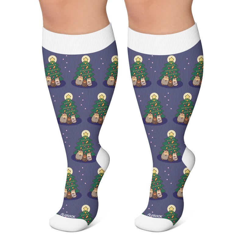 Plus Size Weihnachts-Kompressionsstrümpfe mit niedlicher Katze - Marineblau - 4XL - image 4