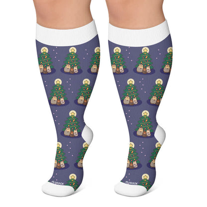 Plus Size Weihnachts-Kompressionsstrümpfe mit niedlicher Katze - Marineblau - 4XL - image 4
