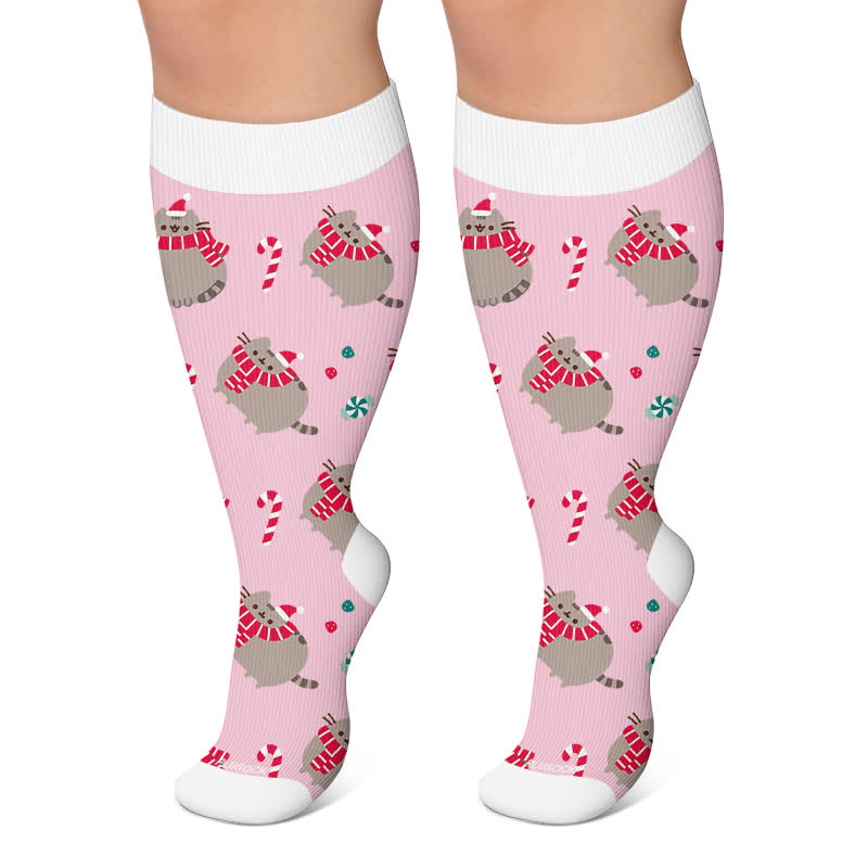 Plus Size Weihnachts-Kompressionsstrümpfe mit niedlicher Katze - Rosa - 4XL - image 6