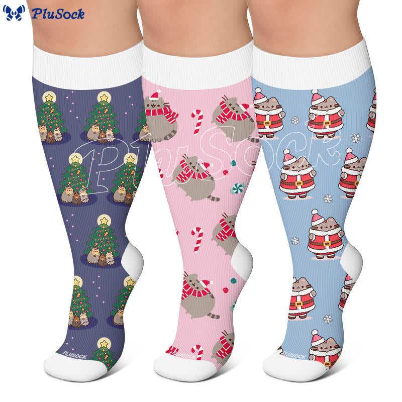 Plus Size Weihnachts-Kompressionsstrümpfe mit niedlicher Katze - image 0