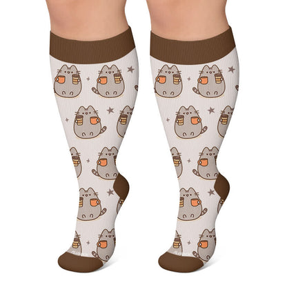 Plus Size Katzen Kürbisse Herbst Kompressionsstrümpfe - Kaffee - 4XL - image 6