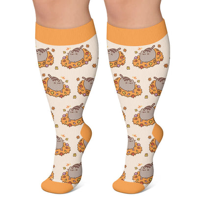 Plus Size Katzen Kürbisse Herbst Kompressionsstrümpfe - Orange - 4XL - image 4