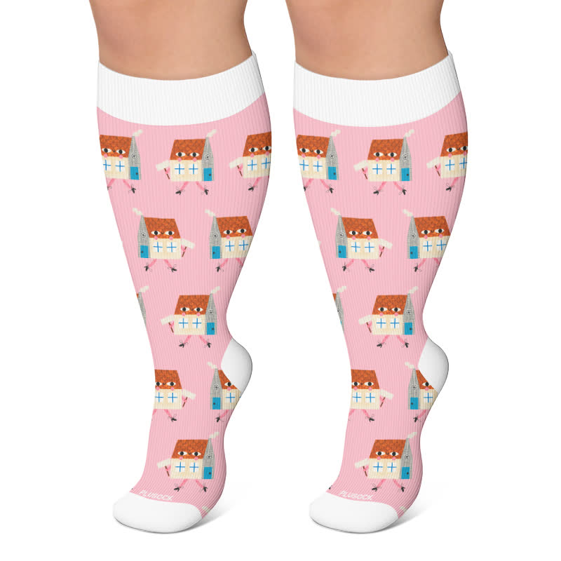 Kompressionsstrümpfe mit lustigem Cartoon-Print in Übergröße - Rosa - 4XL - image 5