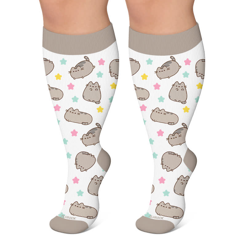 Plus Size Kompressionsstrümpfe mit niedlichem Katzen- und Kaninchenmotiv - Weiß - 4XL - image 4