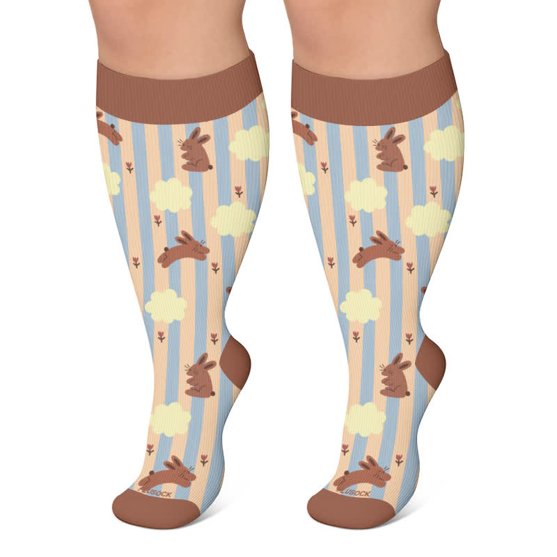 Plus Size Kompressionsstrümpfe mit niedlichem Katzen- und Kaninchenmotiv - Kaffee - 4XL - image 6