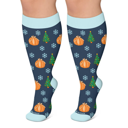 Kompressionsstrümpfe mit Kürbis-Schneeflocken-Frosch-Motiv in Übergröße - Blau - 4XL - image 4
