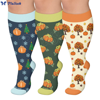 Kompressionsstrümpfe mit Kürbis-Schneeflocken-Frosch-Motiv in Übergröße - image 0
