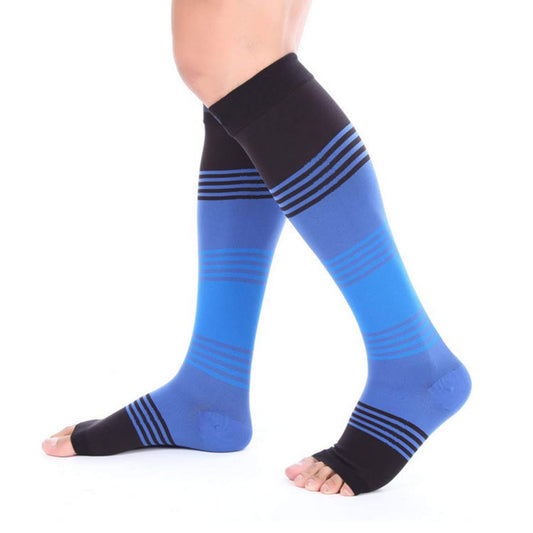 Kompressionsstrümpfe mit offenen Zehen und Streifen in verschiedenen Farben - Blau - L/XL - image 0