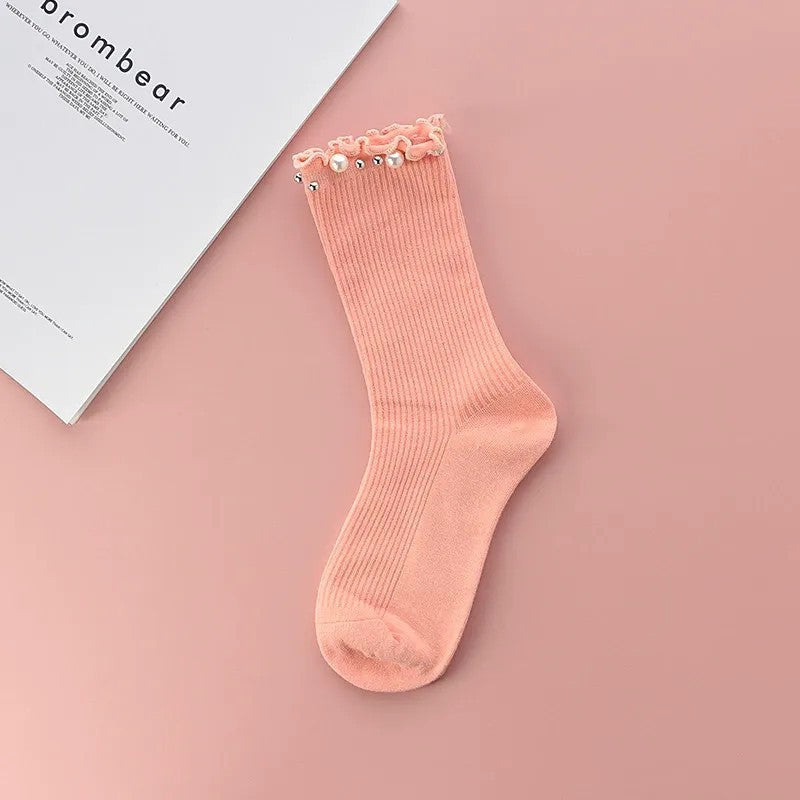 Viertelstrümpfe mit Perlenbesatz, Rüschen und Rippenmuster (4 Paar) - Rosa - EU36-40 (US3-7) - image 3