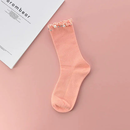 Viertelstrümpfe mit Perlenbesatz, Rüschen und Rippenmuster (4 Paar) - Rosa - EU36-40 (US3-7) - image 3