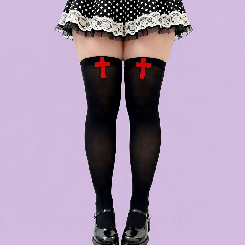 Oberschenkelhohe Socken mit gotischem Kreuzmuster (2 Paar) - Schwarz-A - Einheitsgröße - image 5