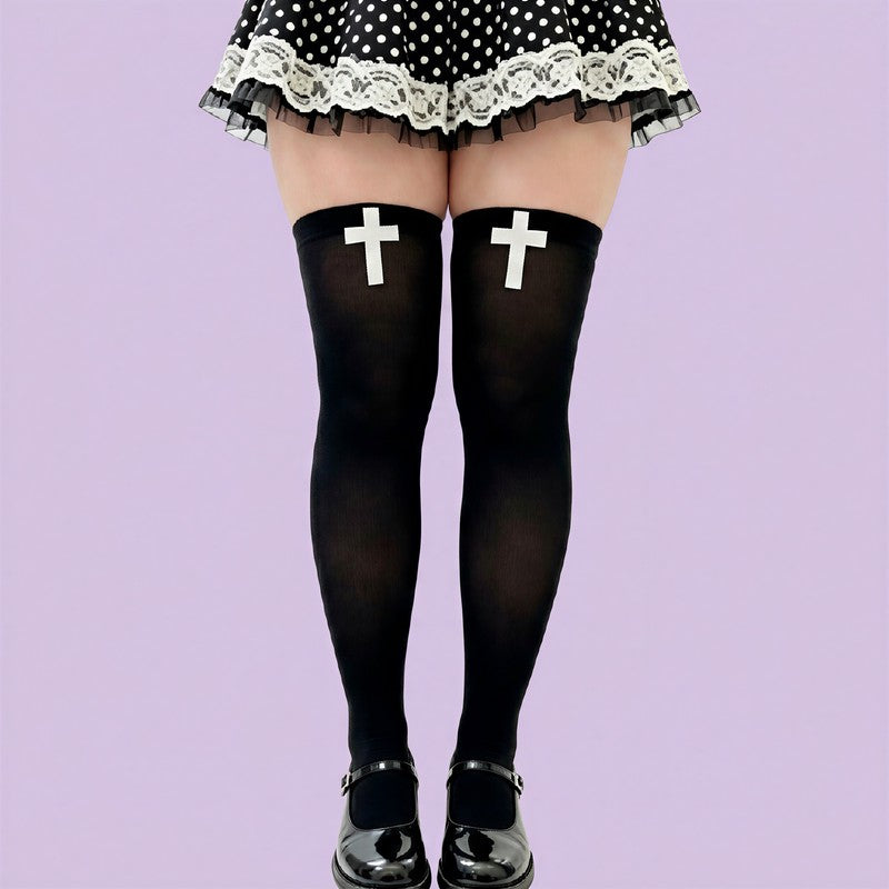 Oberschenkelhohe Socken mit gotischem Kreuzmuster (2 Paar) - Schwarz - Einheitsgröße - image 0