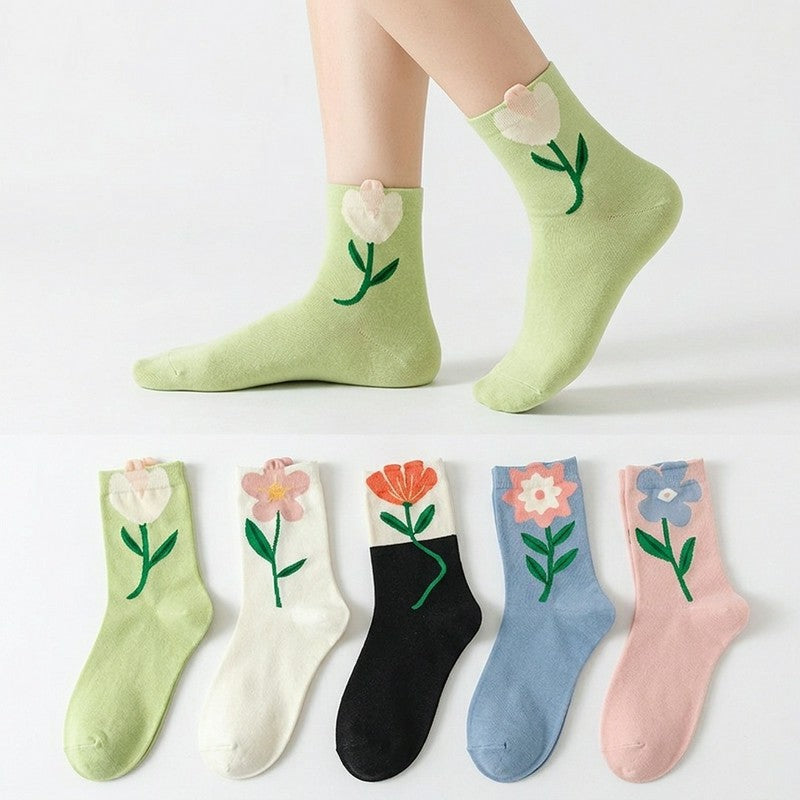 Frühlingshafte, floral bestickte Baumwollsocken (5 Paar) - image 0