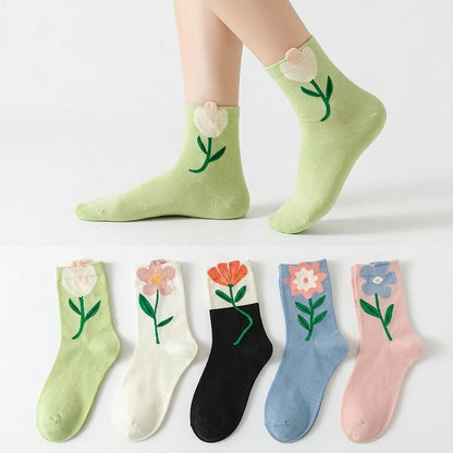Frühlingshafte, floral bestickte Baumwollsocken (5 Paar) - image 0