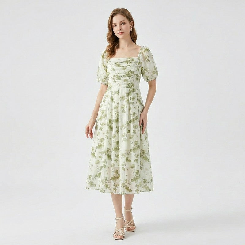 Botanisches Midikleid mit eckigem Ausschnitt - image 1