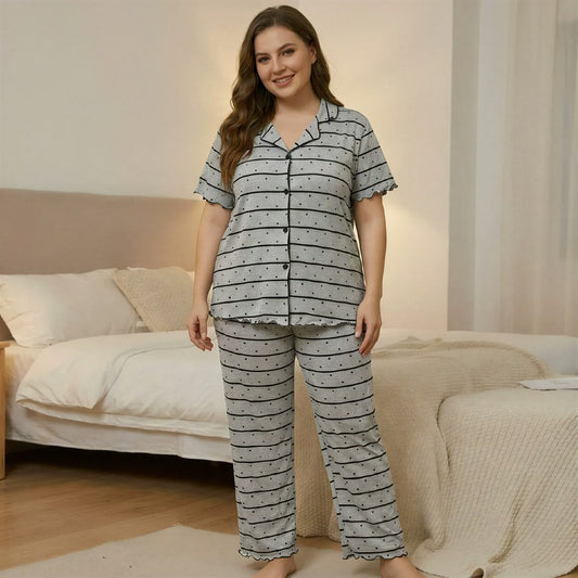 Pyjama-Set mit Kontrastbesatz und Streifen - Grau - 4XL - image 0