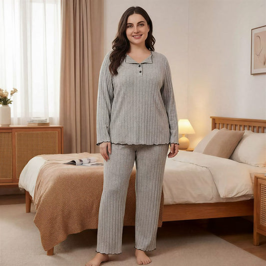 Weiches, geripptes Lounge-Pyjama-Set - Grau - 4XL - image 0