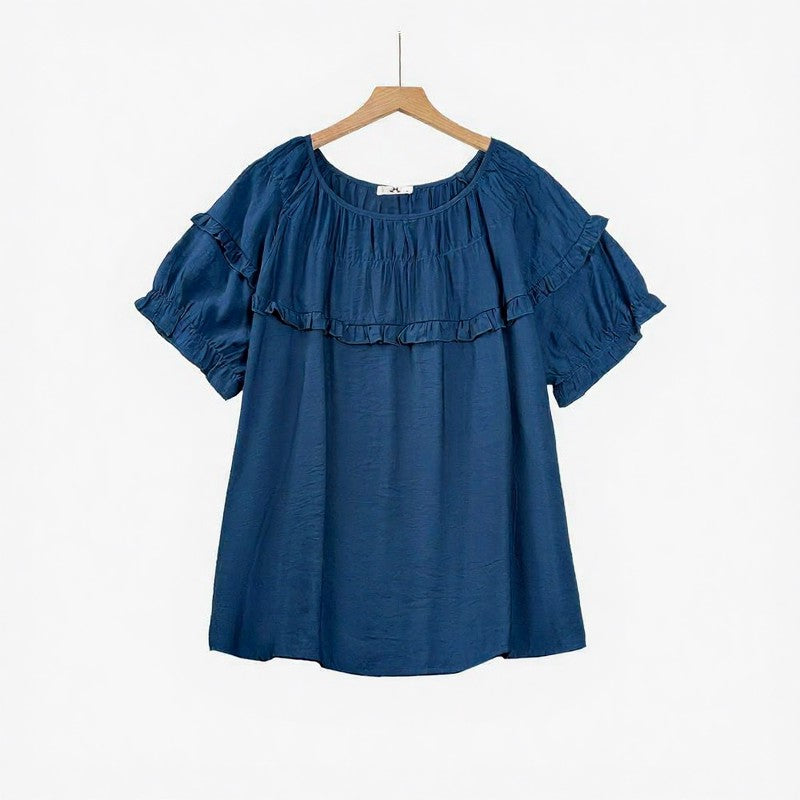 Bluse aus geknittertem Viskose-Mischgewebe mit Rüschenpasse - Blau - 6XL - image 1