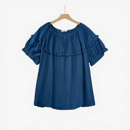 Bluse aus geknittertem Viskose-Mischgewebe mit Rüschenpasse - Blau - 6XL - image 1