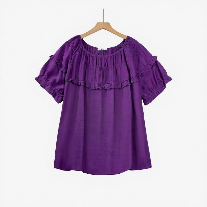Bluse aus geknittertem Viskose-Mischgewebe mit Rüschenpasse - Lila - 6XL - image 3