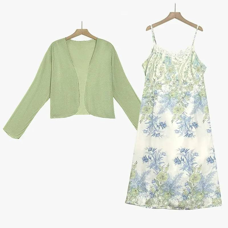 Zweiteiliges Set aus floralem Satinkleid und Strickjacke - 2-teiliges Set - 6XL - image 0