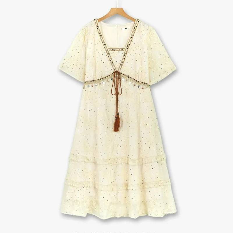 Broderie Anglaise Quaste Resort Midikleid - Beige - 6XL - image 0