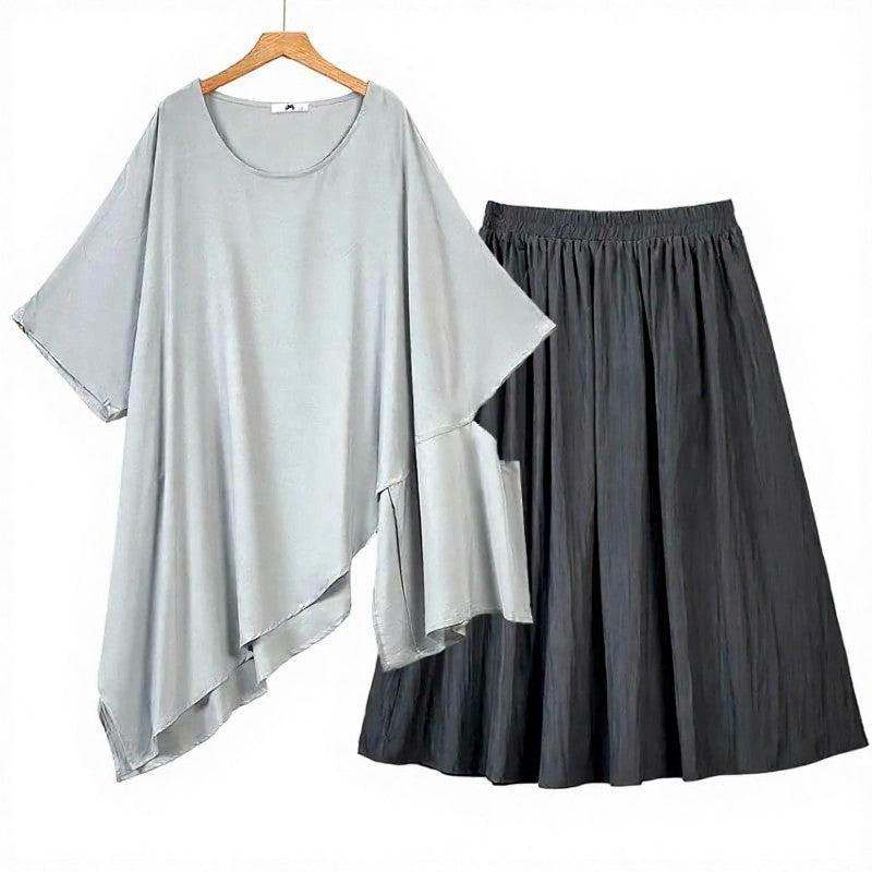 Zweiteiliges Set aus asymmetrisch drapiertem Oberteil und plissiertem Midirock - Grau - 6XL - image 0