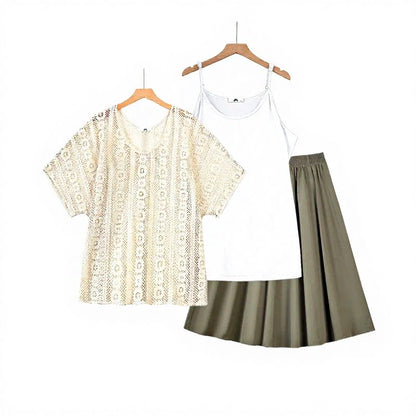Dreiteiliges Set bestehend aus Spitzen-Cover-Up-Top und Midirock - 3-teiliges Set (Weiß) - 6XL - image 1