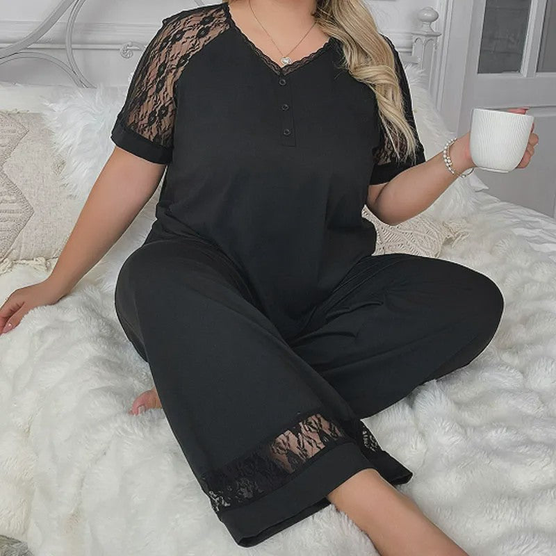Pyjama-Set mit V-Ausschnitt und Spitzenbesatz - image 1
