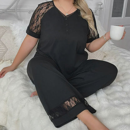 Pyjama-Set mit V-Ausschnitt und Spitzenbesatz - image 1