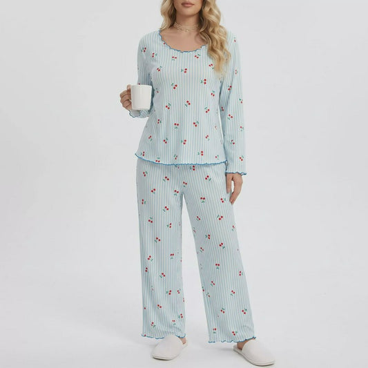 Kirschgestreifter Langarm-Pyjama-Set - Blau - 4XL - image 0