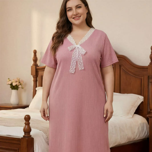 Nachthemd mit Spitzenschleife und Rippenmuster - Rosa - 4XL - image 0
